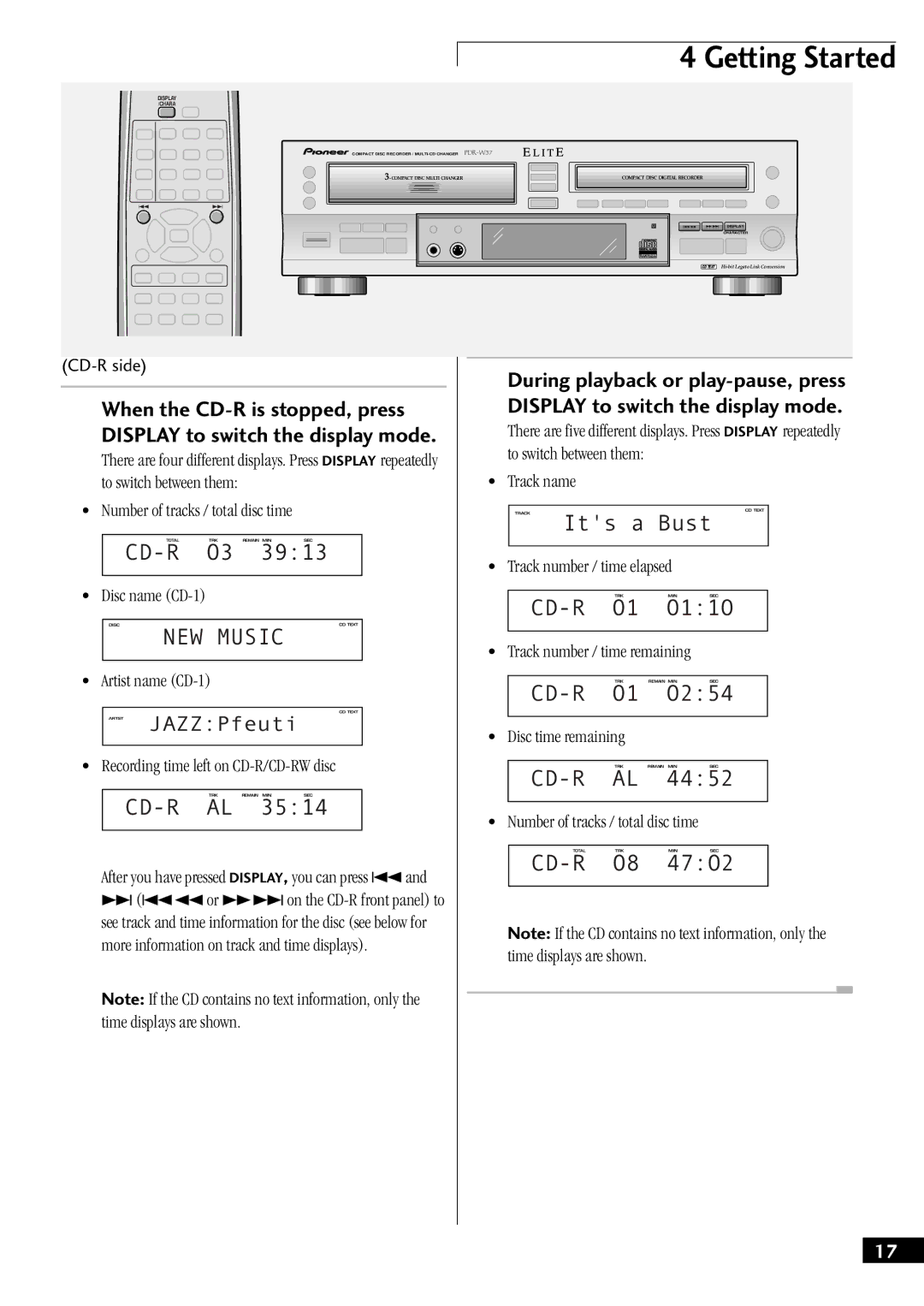 Pioneer PDR-W37 manual Cd-R, Recording time left on CD-R/CD-RW disc, Track number / time remaining 