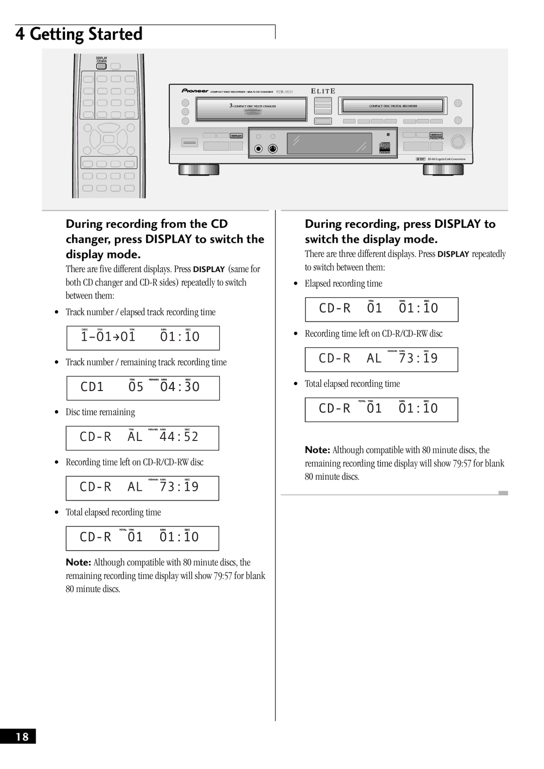 Pioneer PDR-W37 manual During recording, press Display to switch the display mode, Total elapsed recording time 