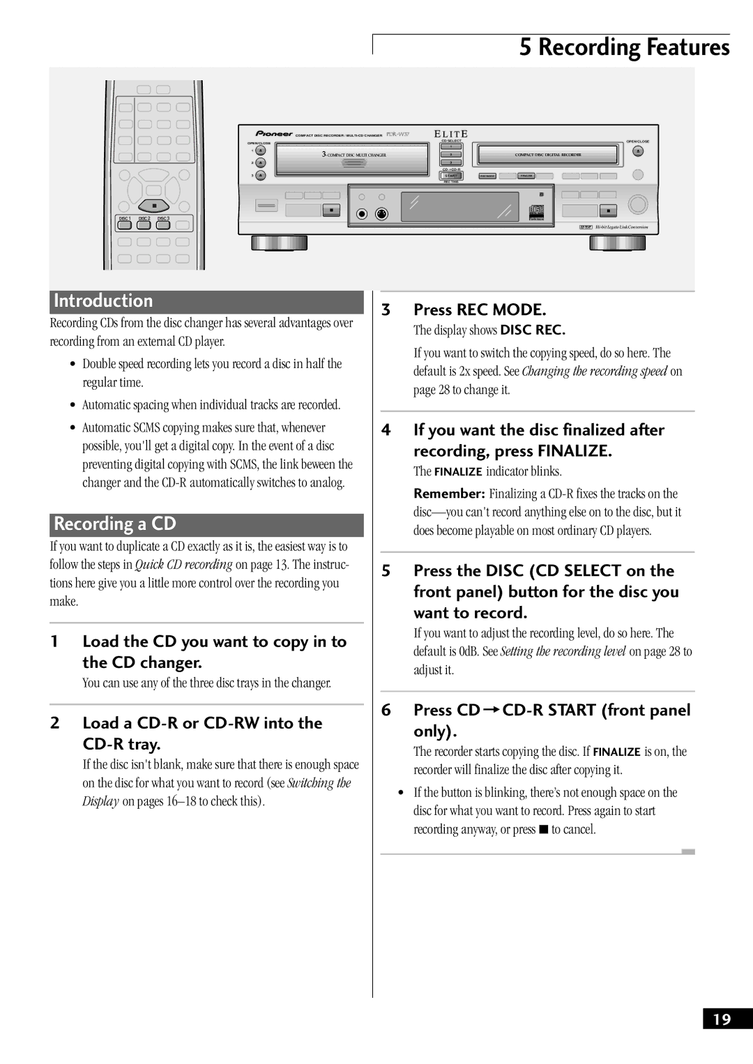 Pioneer PDR-W37 manual Recording Features, Introduction, Recording a CD 