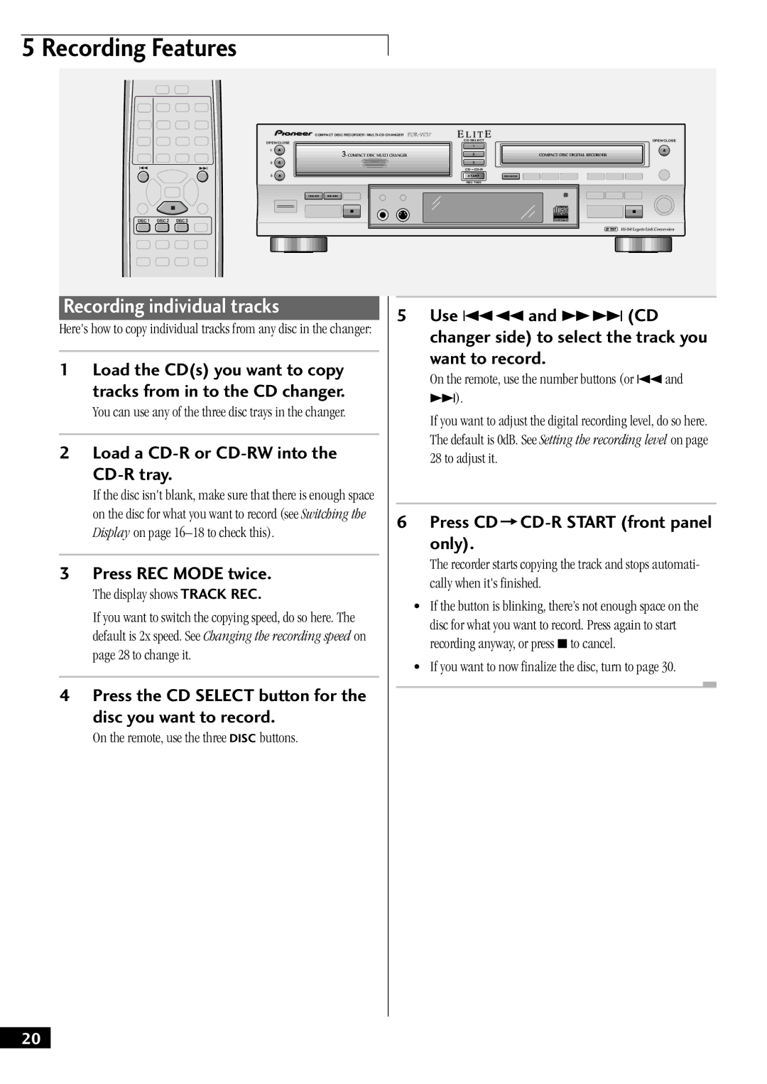 Pioneer PDR-W37 manual Recording individual tracks, Press REC Mode twice, Disc you want to record 