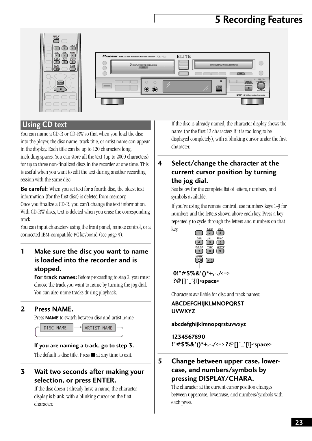 Pioneer PDR-W37 manual Using CD text, Stopped, Press Name, Jog dial, Pressing DISPLAY/CHARA 