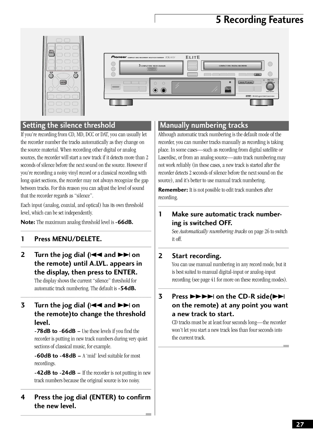 Pioneer PDR-W37 manual Setting the silence threshold, Manually numbering tracks, Start recording 