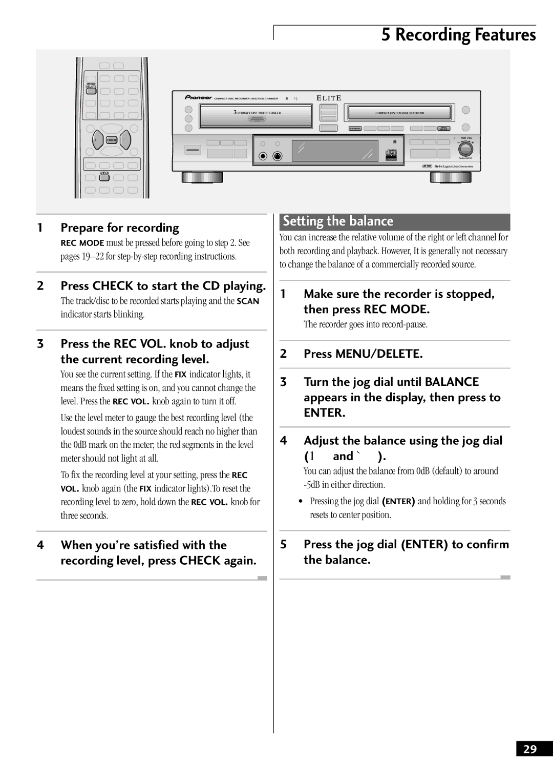 Pioneer PDR-W37 Setting the balance, Then press REC Mode, Turn the jog dial until Balance, When youÕre satisfied with 