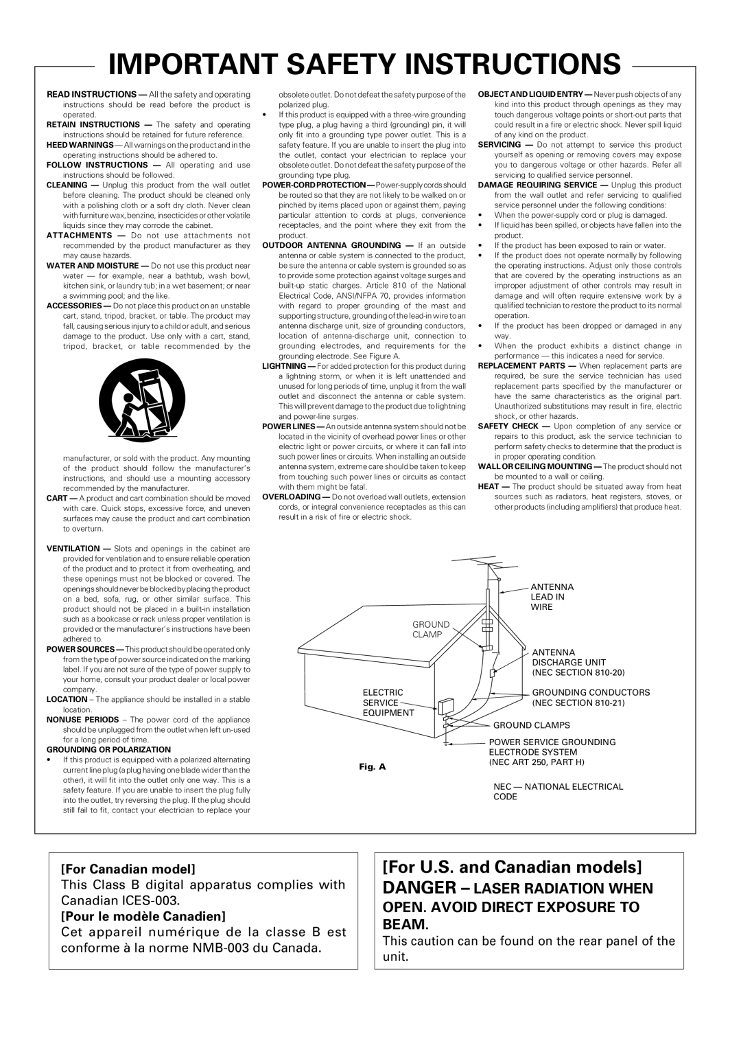 Pioneer PDR-W37 manual Important Safety Instructions, For U.S. and Canadian models 