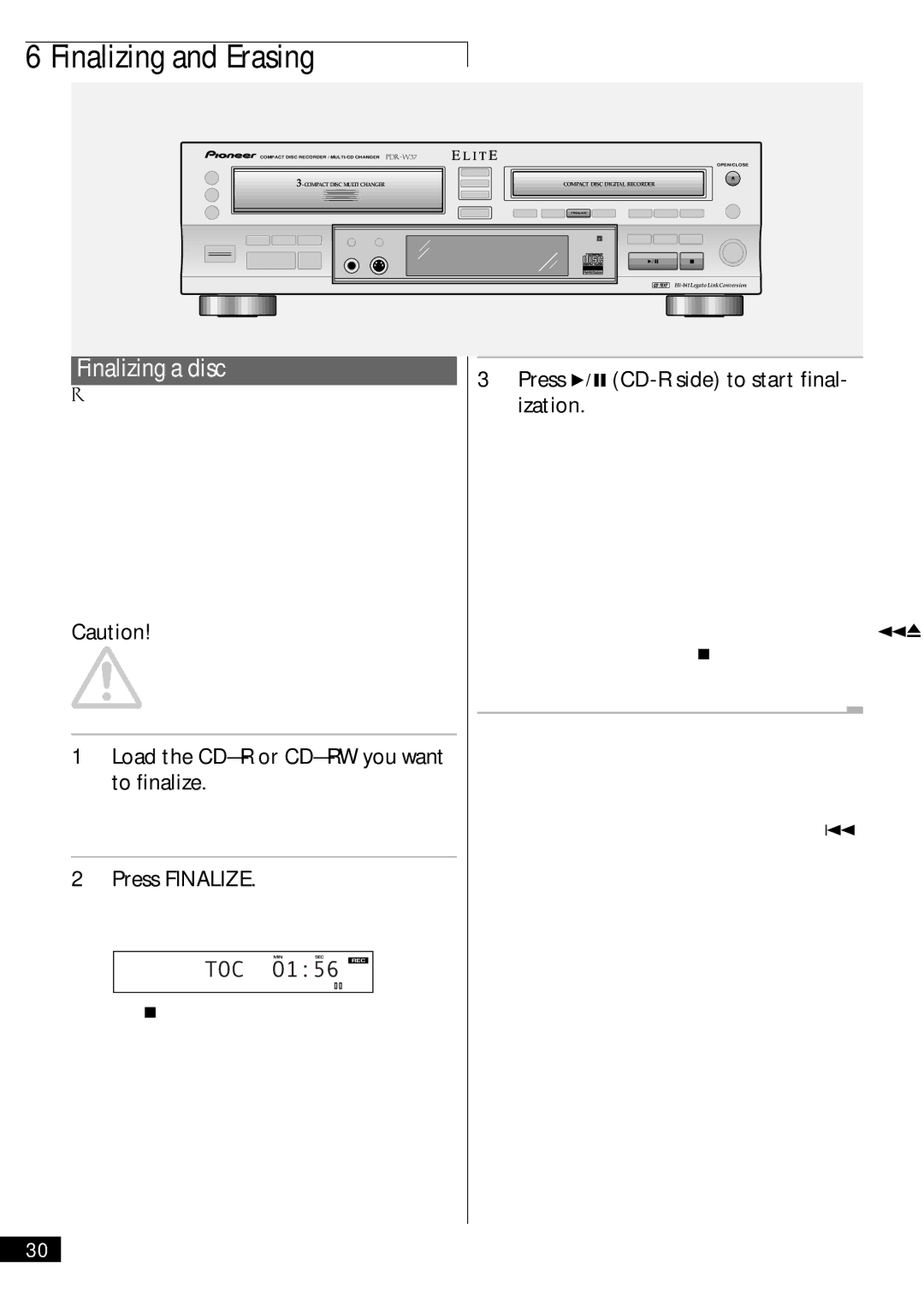 Pioneer PDR-W37 manual Finalizing and Erasing, Finalizing a disc, TOC O156 REC 