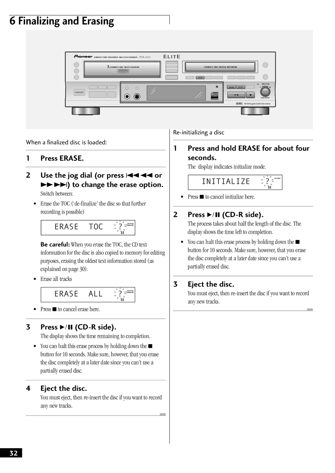 Pioneer PDR-W37 manual Erase TOC, Erase ALL ?, Initialize ? CD-RW 