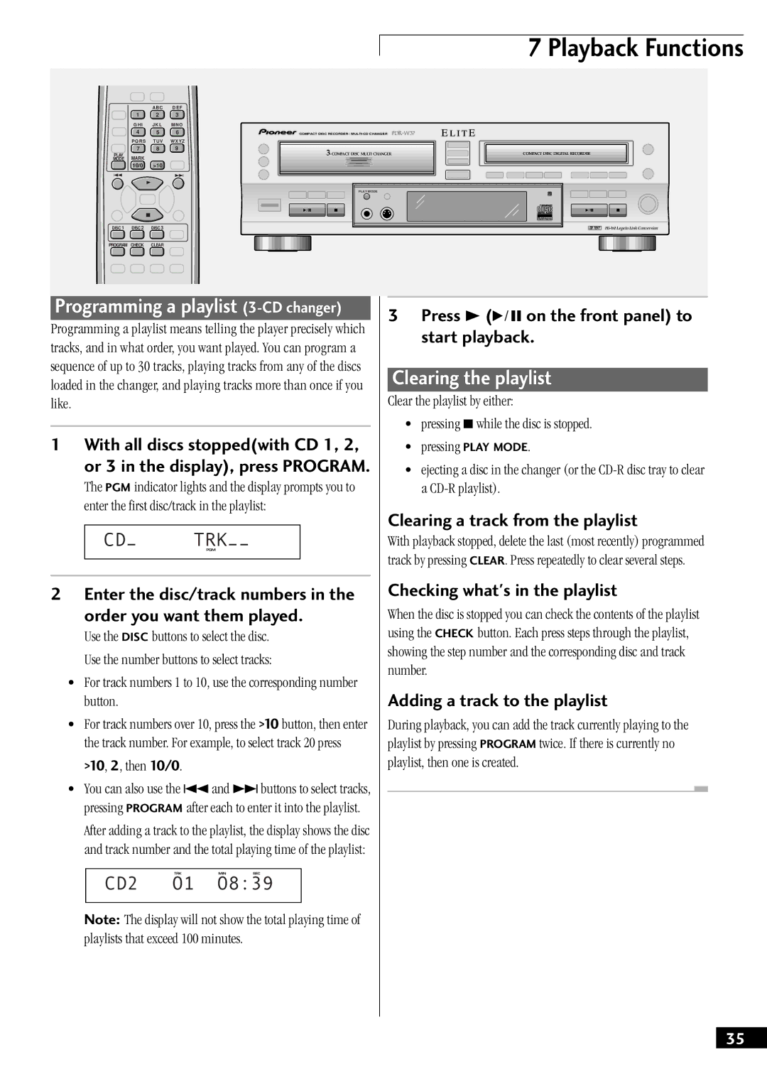 Pioneer PDR-W37 manual Playback Functions, Clearing the playlist, CDÐ Trkpgm ÐÐ 