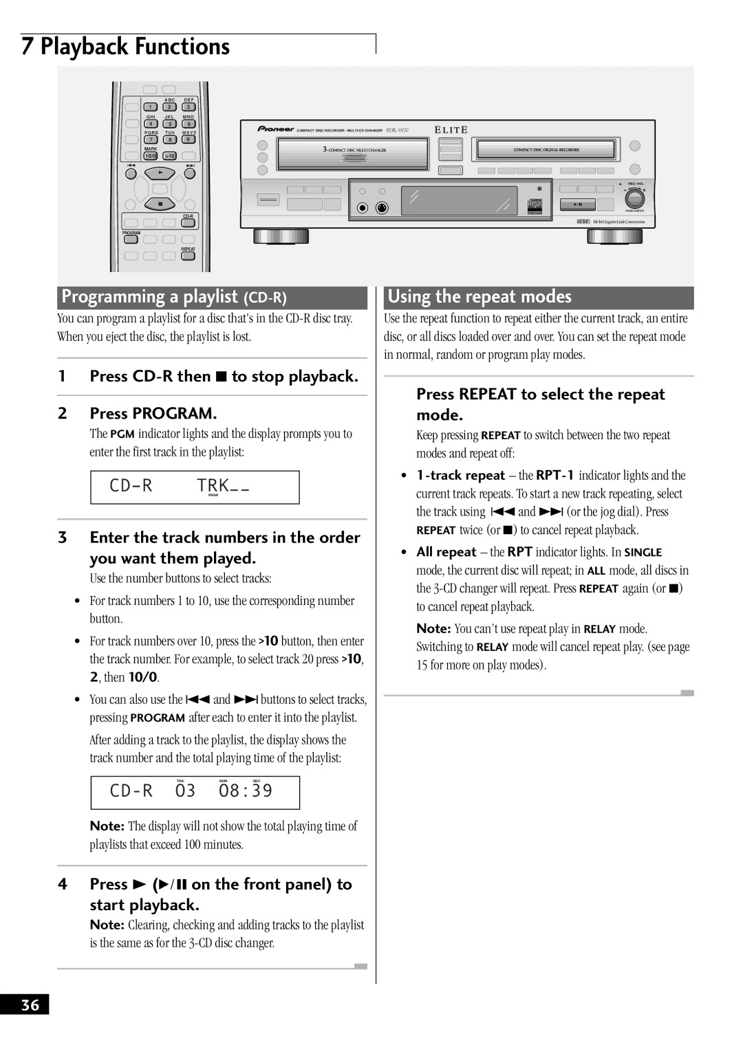 Pioneer PDR-W37 manual Programming a playlist CD-R, Using the repeat modes, Cdðr Trkpgm ÐÐ 