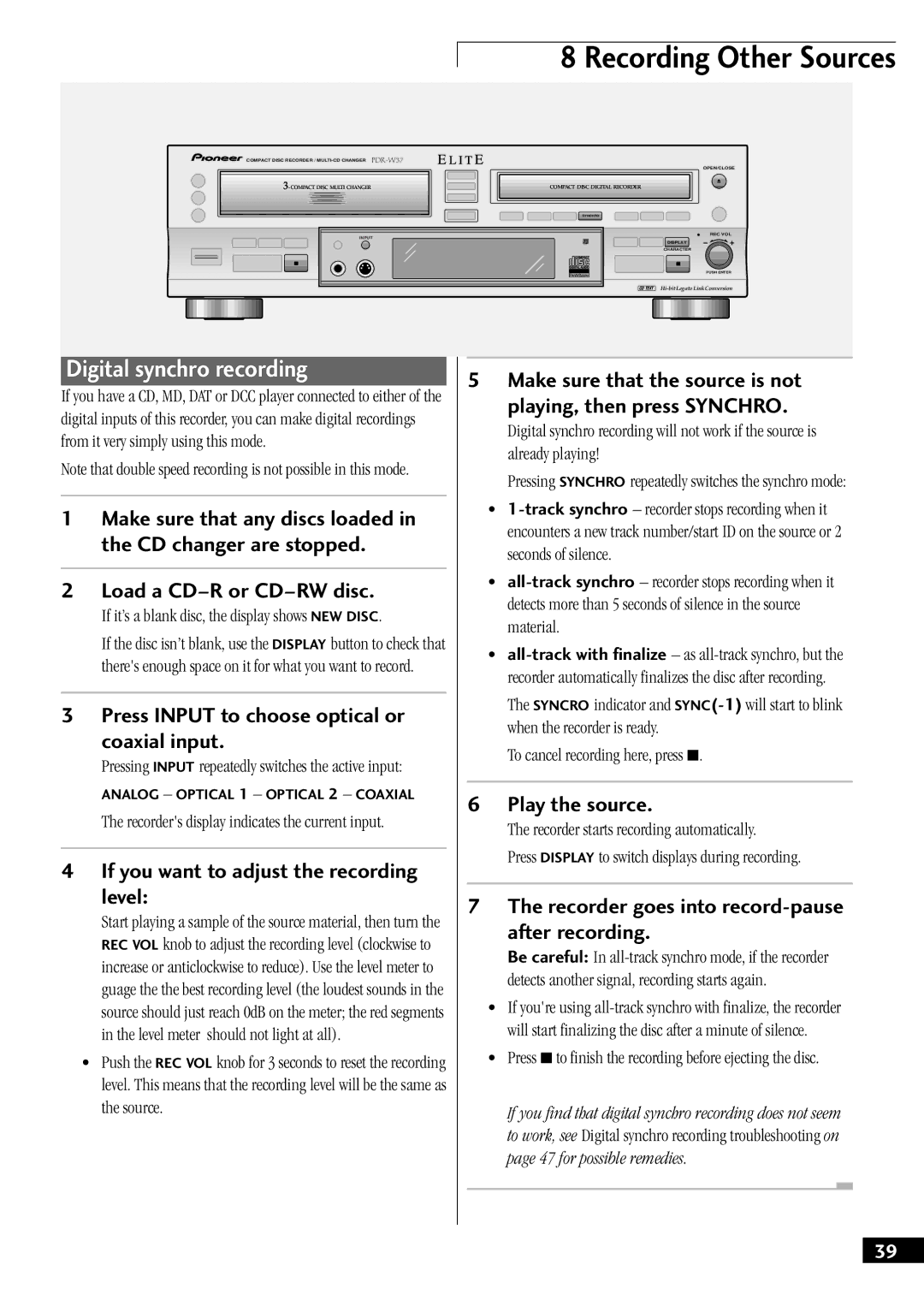 Pioneer PDR-W37 manual Digital synchro recording 