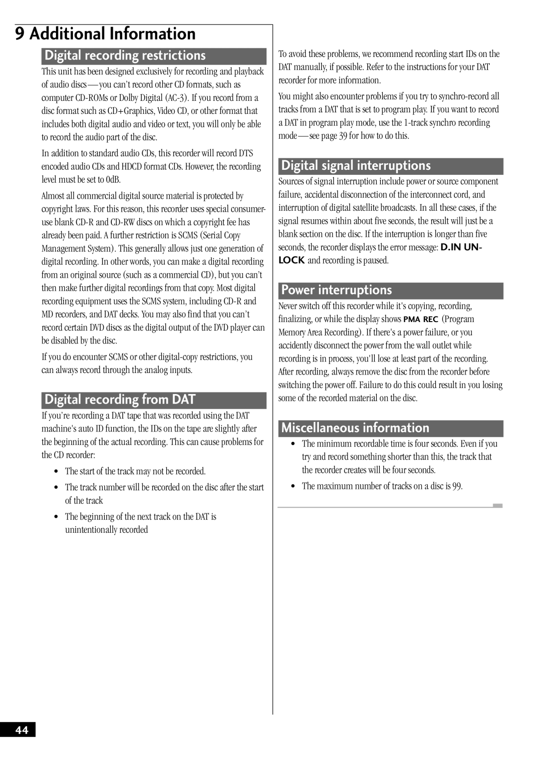 Pioneer PDR-W37 manual Digital recording restrictions, Digital recording from DAT, Digital signal interruptions 