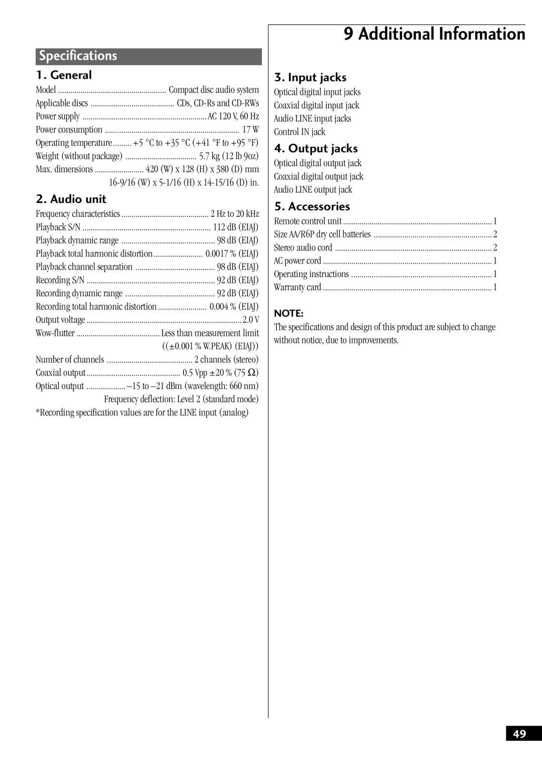 Pioneer PDR-W37 manual Specifications 