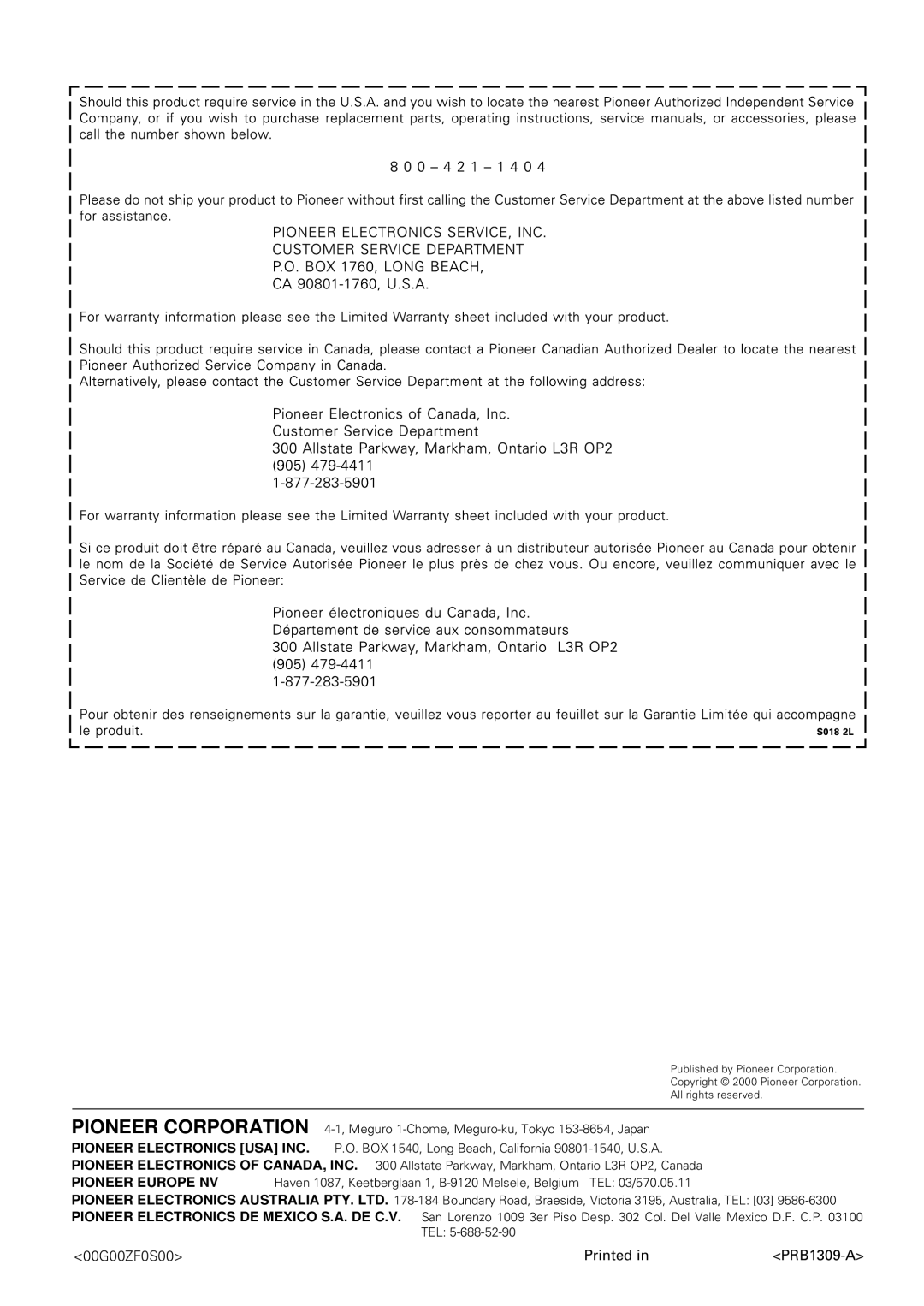 Pioneer PDR-W37 manual 00G00ZF0S00 Printed PRB1309-A 