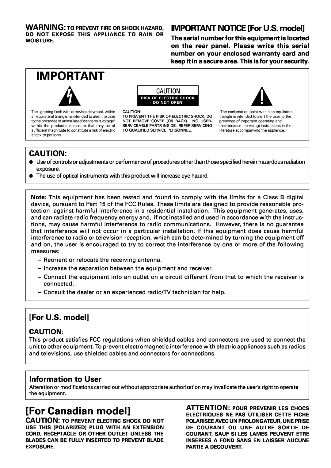 Pioneer PDR-W37 manual For Canadian model, IMPORTANT NOTICE For U.S. model, Information to User 