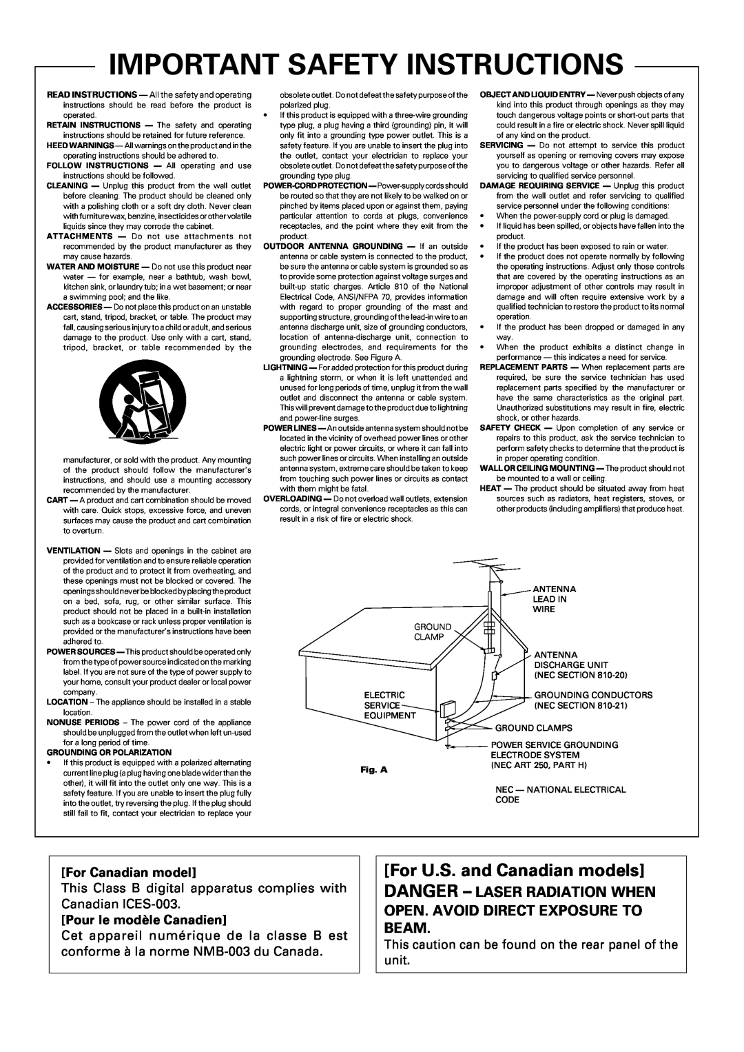 Pioneer PDR-W37 Important Safety Instructions, For U.S. and Canadian models, For Canadian model, Pour le modèle Canadien 