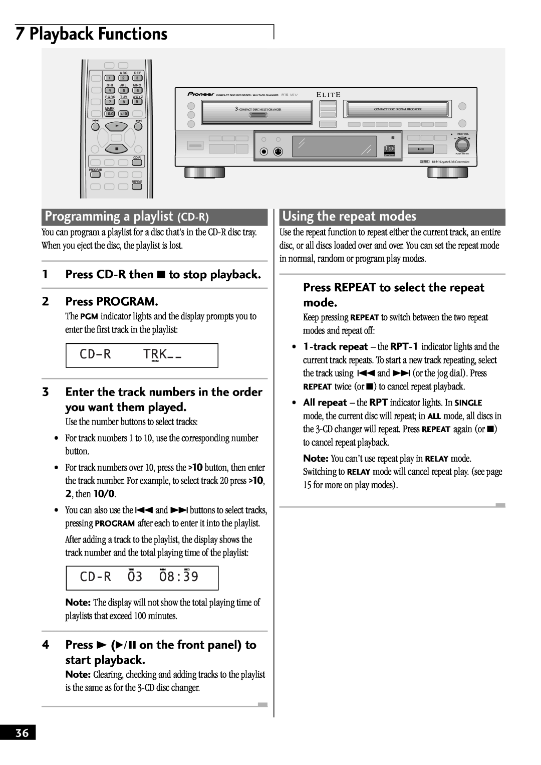 Pioneer PDR-W37 manual Playback Functions, Programming a playlist CD-R, Using the repeat modes, Cdðr Trkpgm Ðð, CD-RO3, O8 