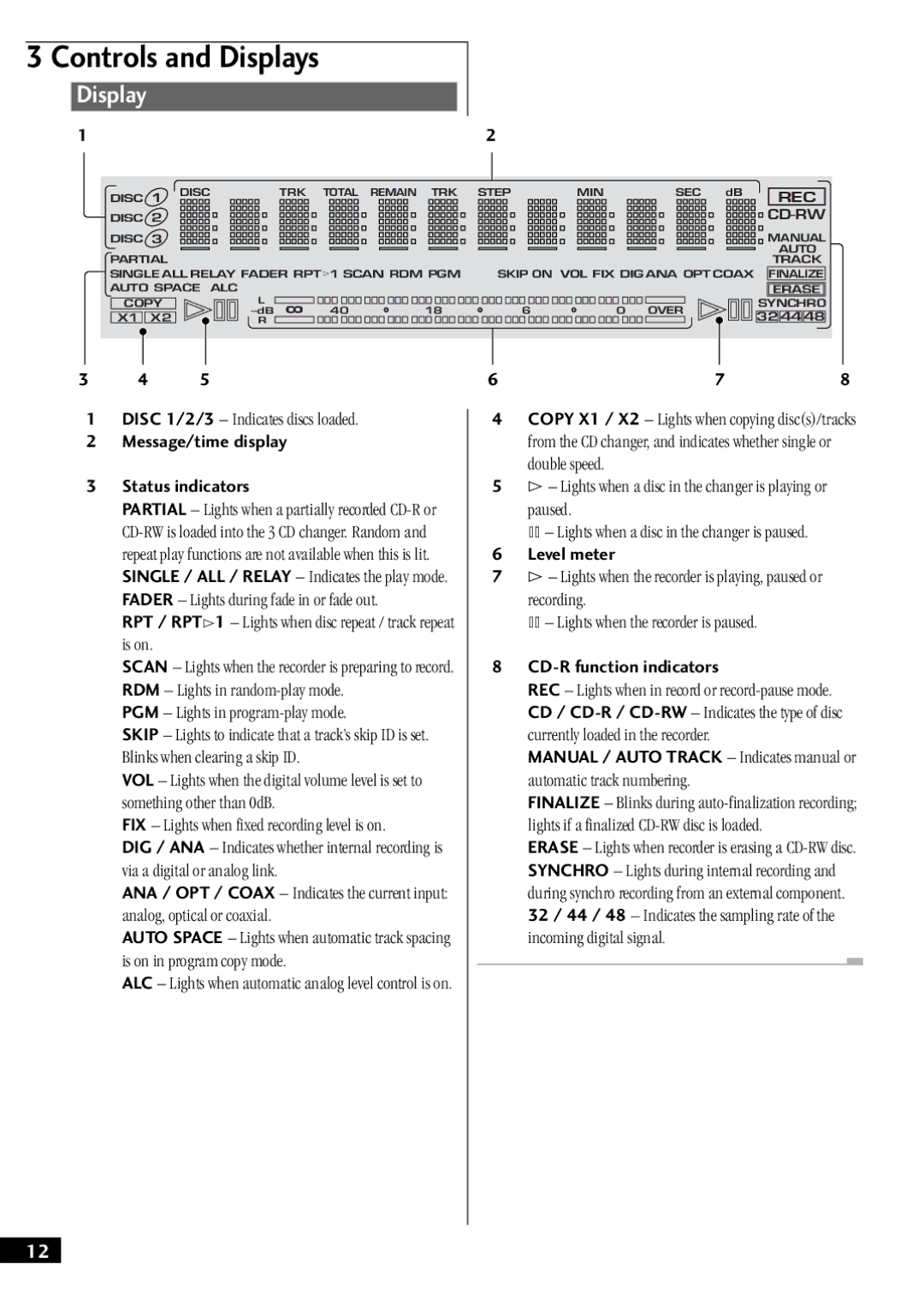 Pioneer PDR-W739 manual Display, Disc 1/2/3 Indicates discs loaded 