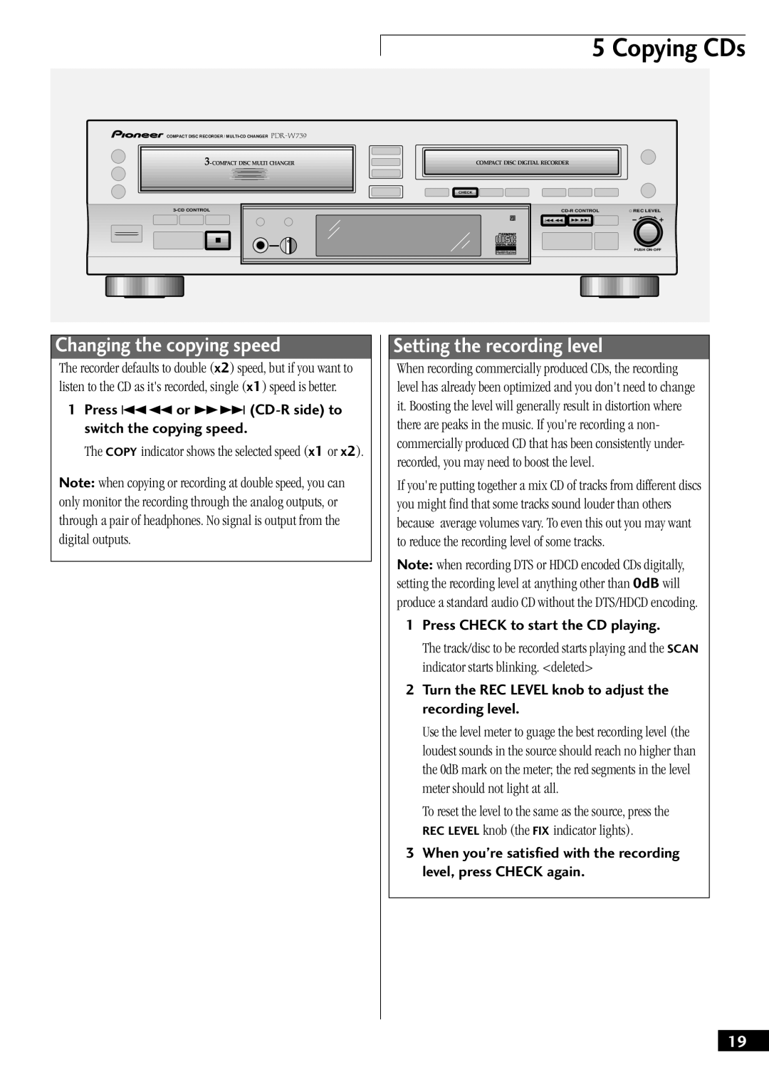 Pioneer PDR-W739 manual Changing the copying speed, Setting the recording level 