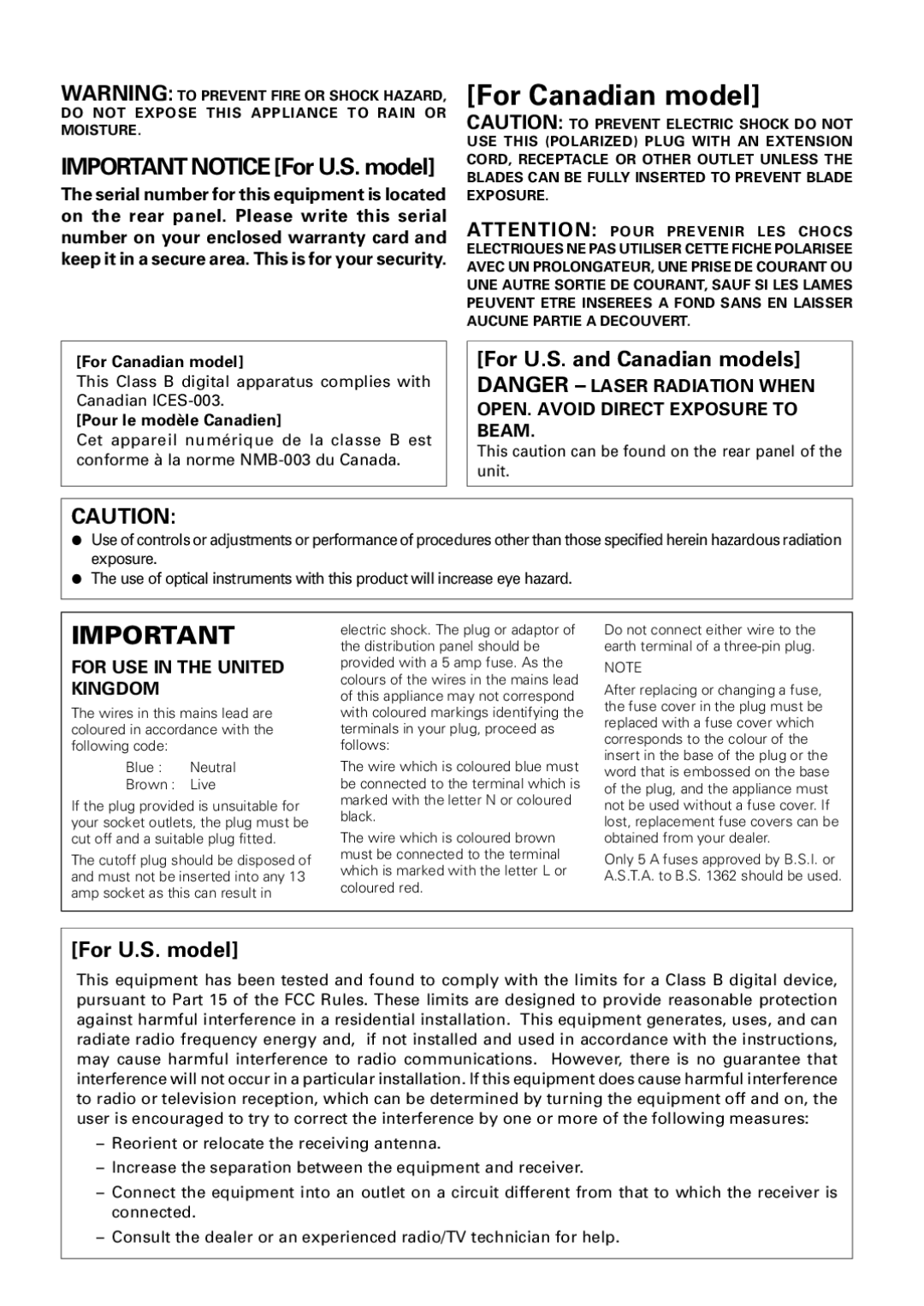 Pioneer PDR-W739 manual For U.S. and Canadian models, For U.S. model 