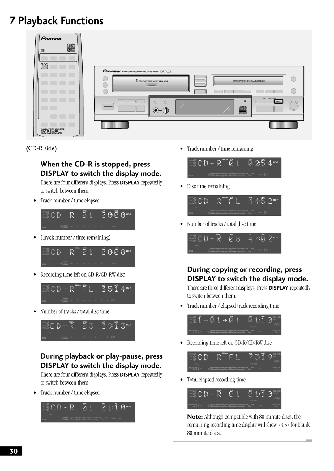 Pioneer PDR-W739 manual Recording time left on CD-R/CD-RW disc 