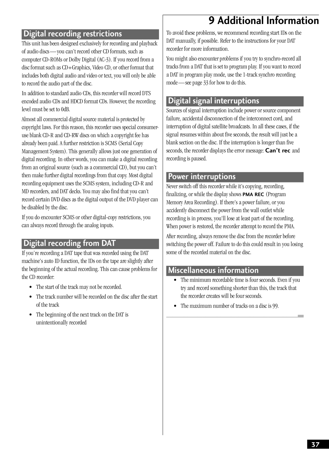 Pioneer PDR-W739 manual Digital recording restrictions, Digital recording from DAT, Digital signal interruptions 