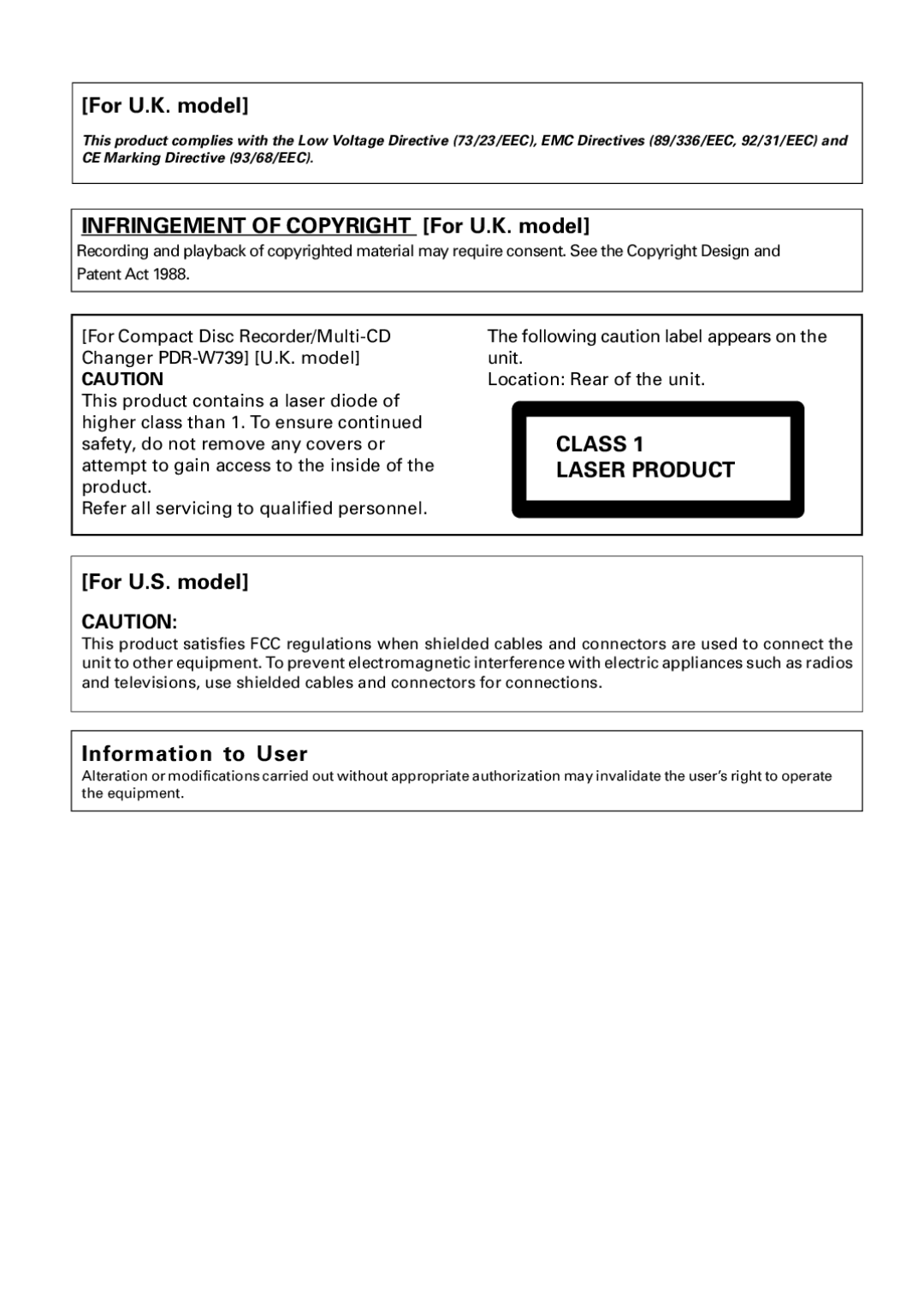 Pioneer PDR-W739 manual Infringement of Copyright For U.K. model, Information to User 