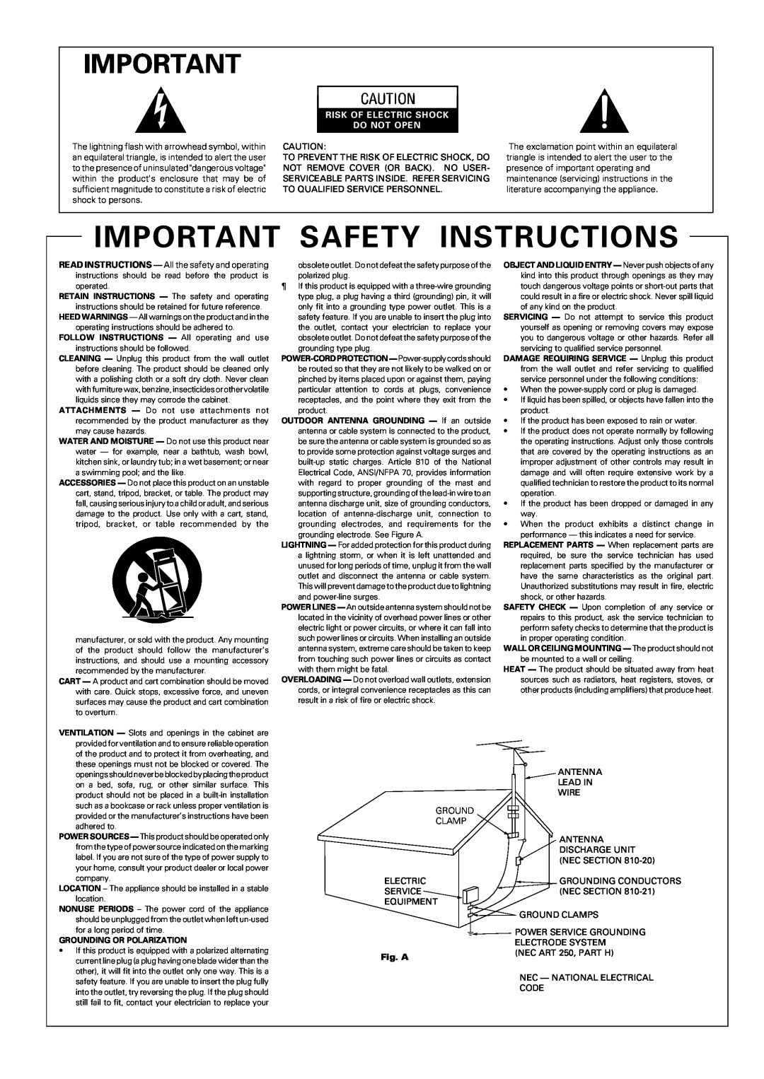 Pioneer PDR-W739 manual Important Safety Instructions, Risk Of Electric Shock Do Not Open, Fig. A 