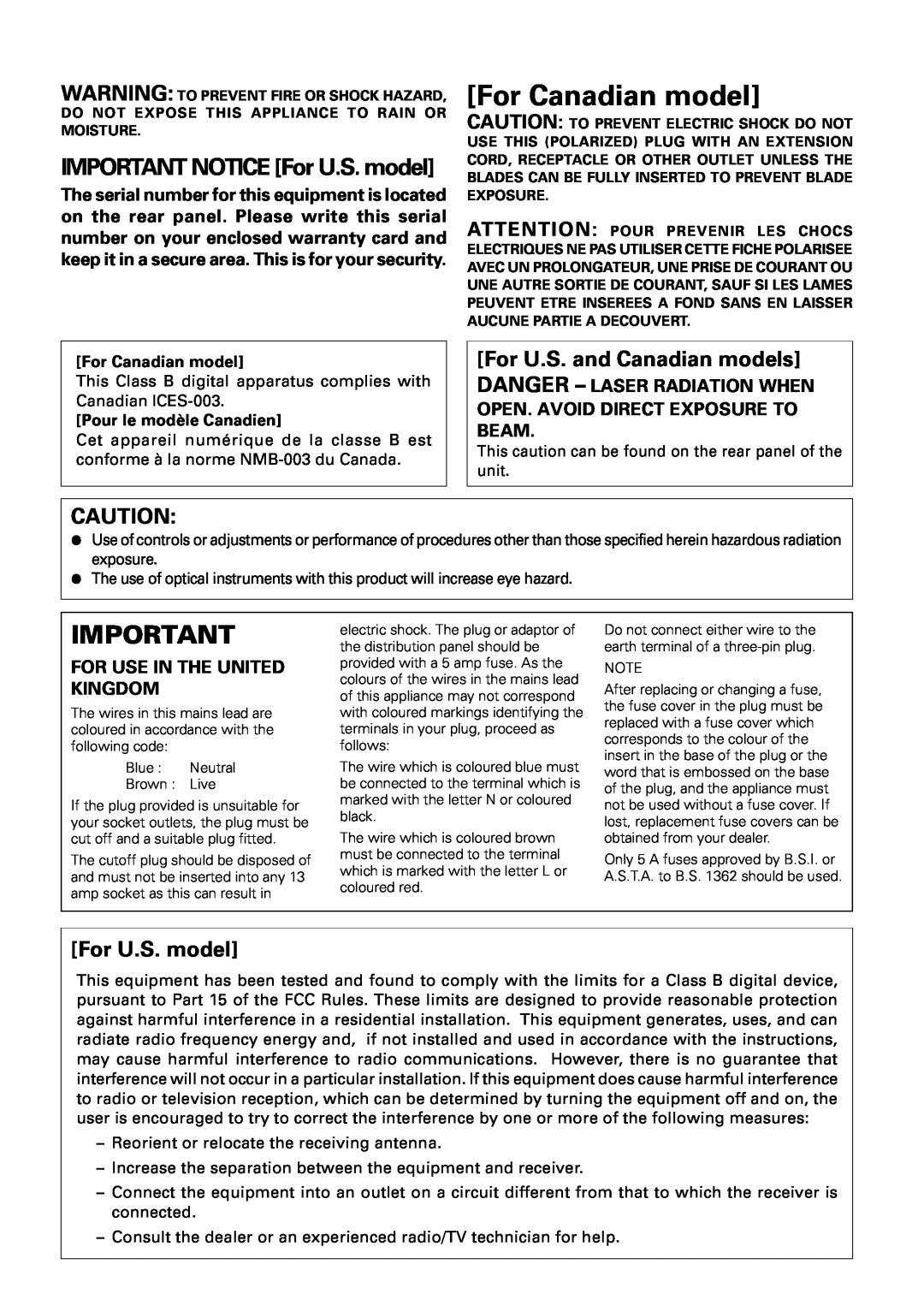 Pioneer PDR-W739 manual For Canadian model, IMPORTANT NOTICE For U.S. model, For U.S. and Canadian models 