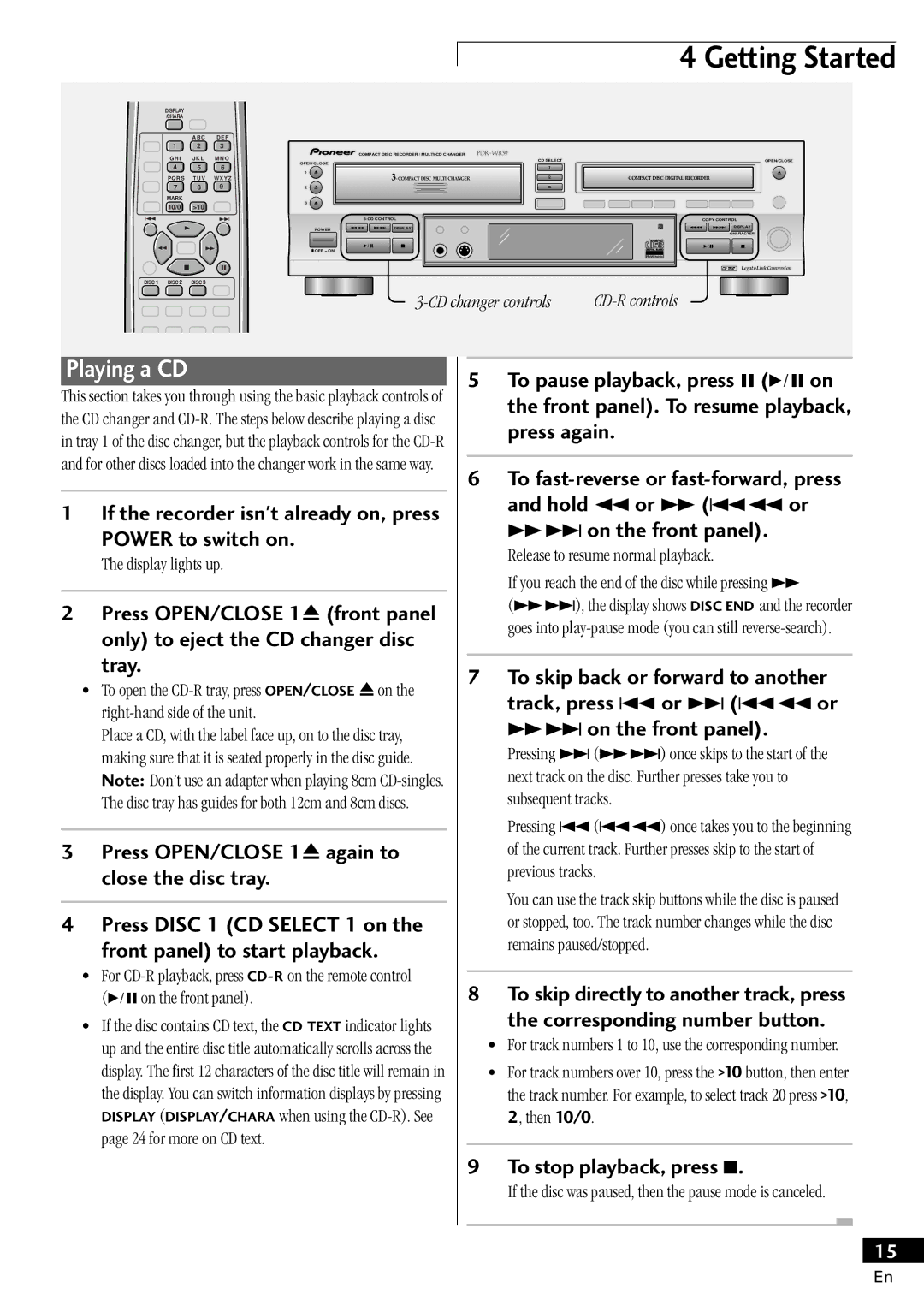 Pioneer PDR-W839 manual Playing a CD, Power to switch on, Press OPEN/CLOSE 10 again to close the disc tray 