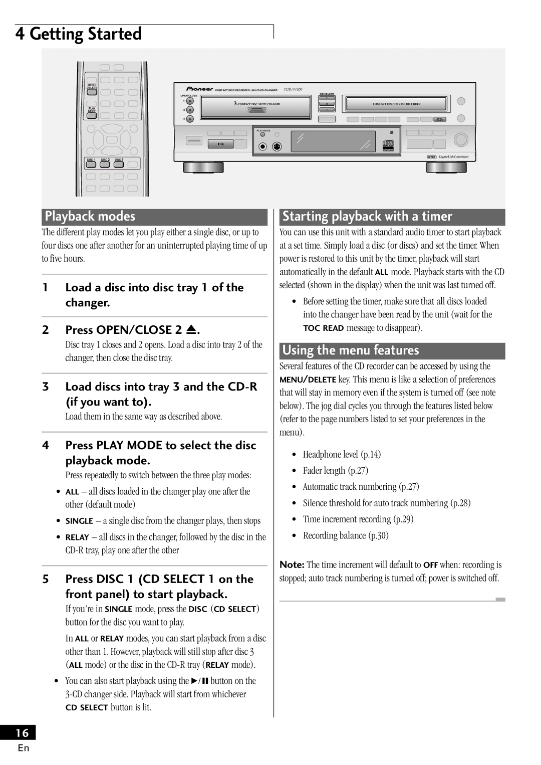 Pioneer PDR-W839 manual Playback modes, Starting playback with a timer, Using the menu features 