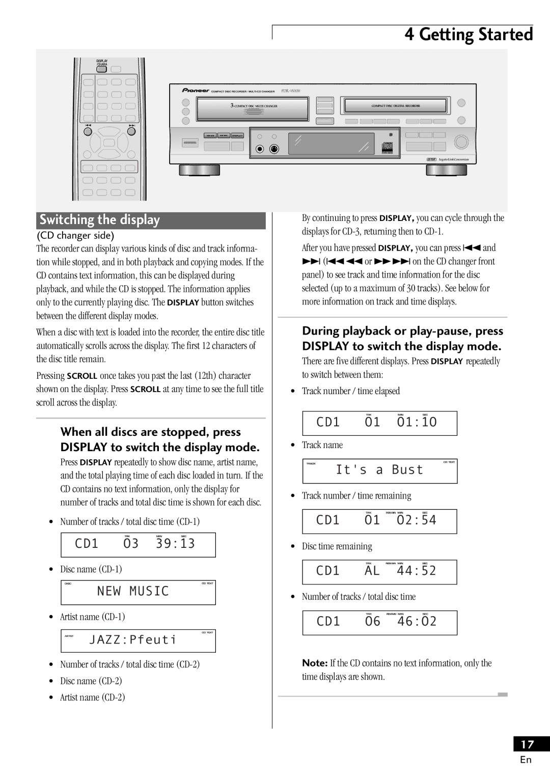 Pioneer PDR-W839 manual Switching the display, CD1, NEW Music 