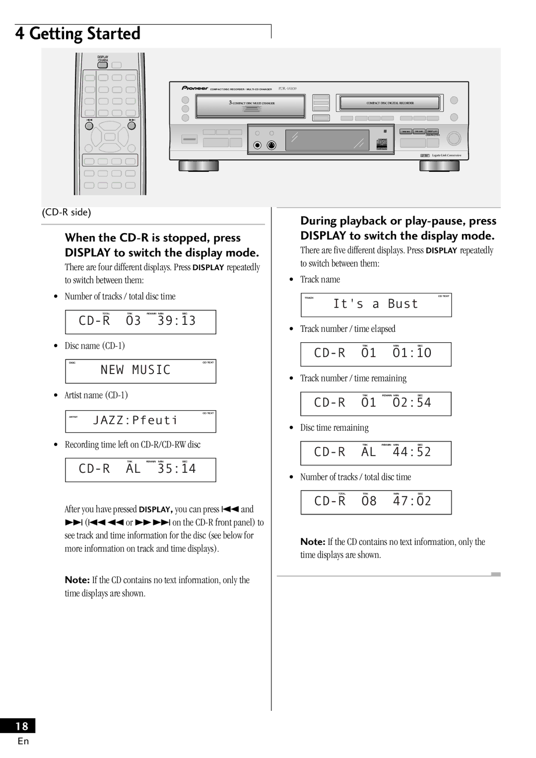 Pioneer PDR-W839 manual Cd-R, Recording time left on CD-R/CD-RW disc, Track number / time remaining 