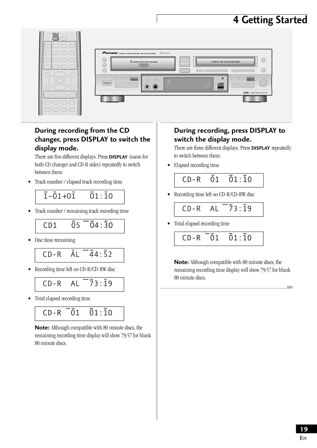 Pioneer PDR-W839 manual During recording, press Display to switch the display mode, Total elapsed recording time 