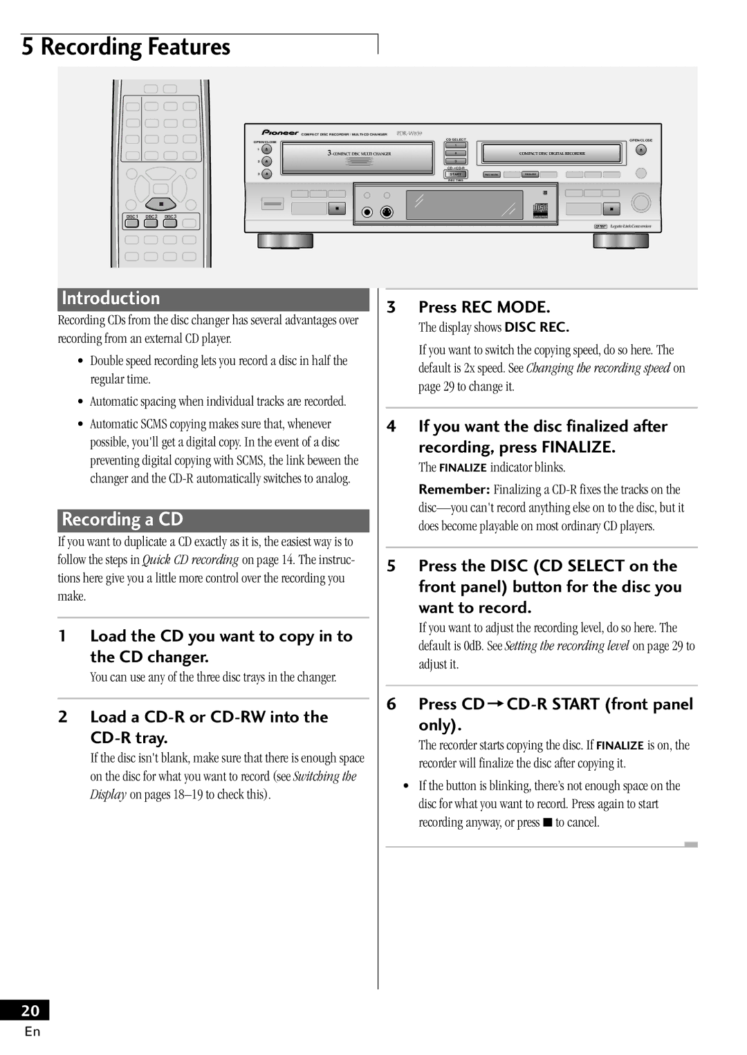 Pioneer PDR-W839 manual Recording Features, Introduction, Recording a CD 