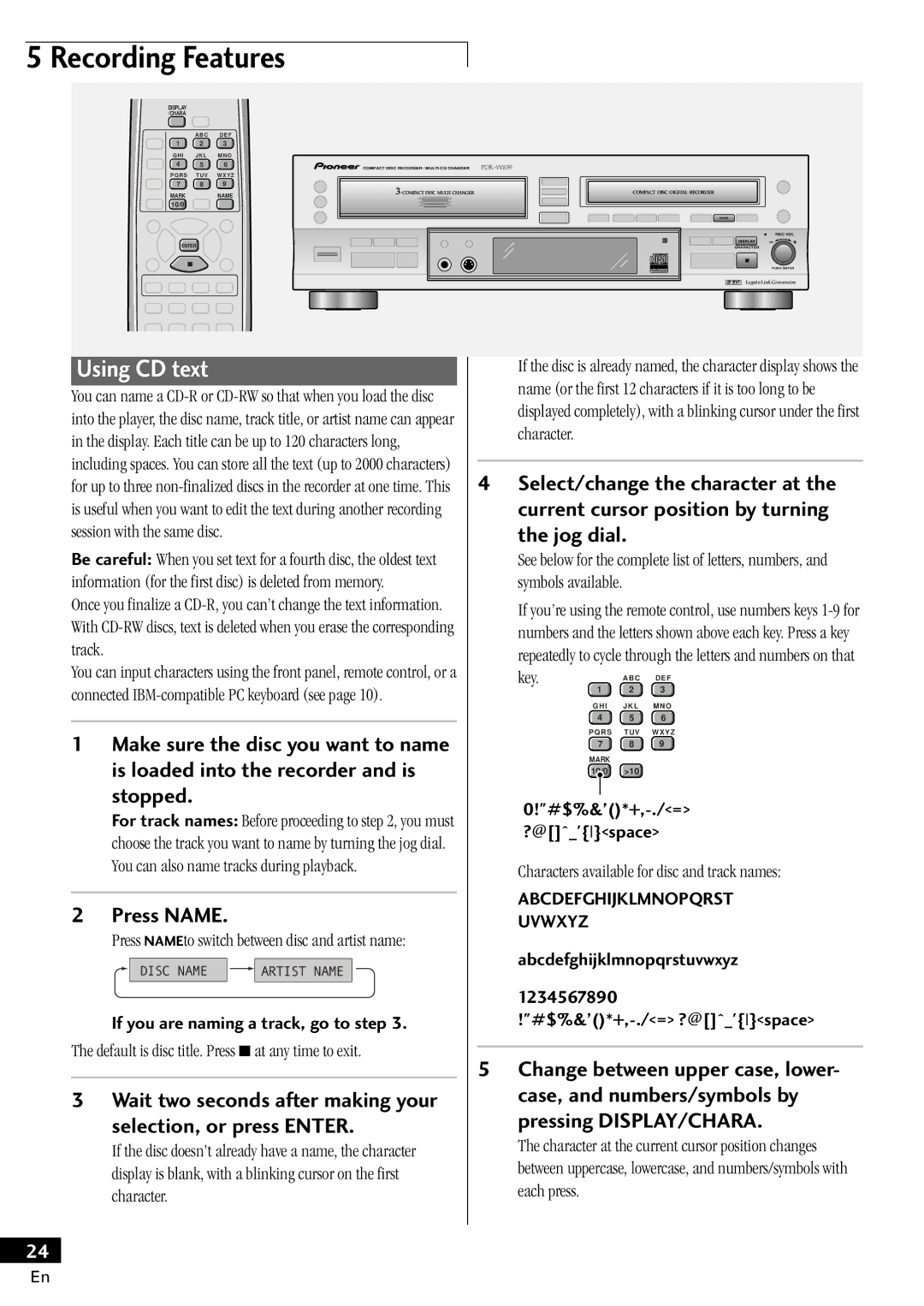 Pioneer PDR-W839 manual Using CD text, Stopped, Press Name, Jog dial, Pressing DISPLAY/CHARA 