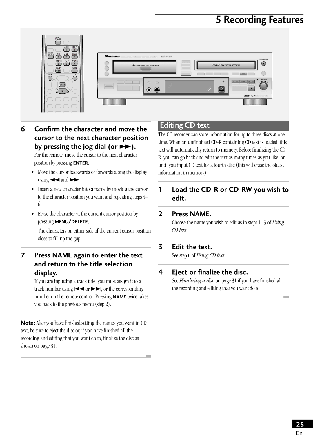 Pioneer PDR-W839 manual Editing CD text 