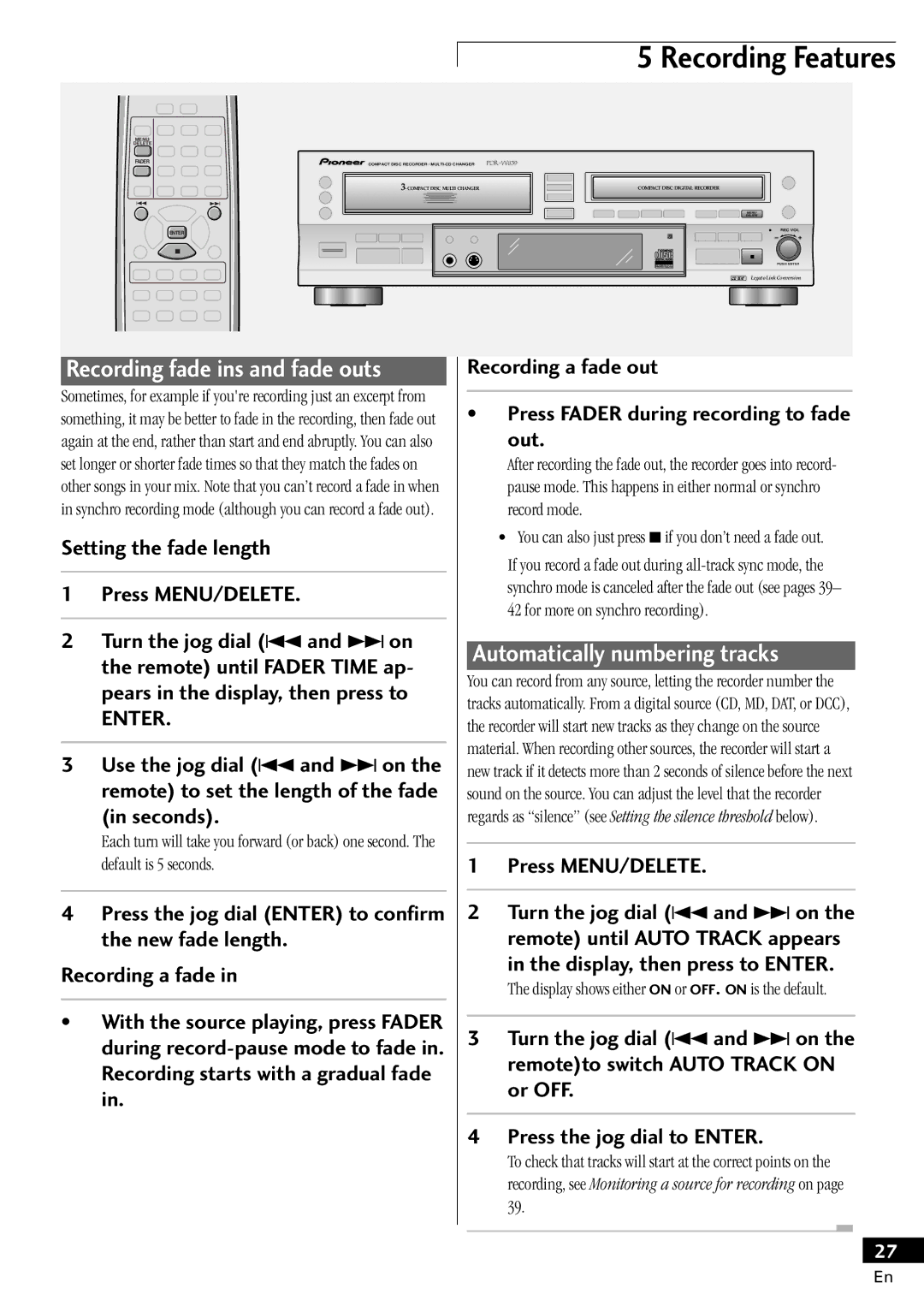 Pioneer PDR-W839 manual Automatically numbering tracks, Setting the fade length Press MENU/DELETE, Seconds 