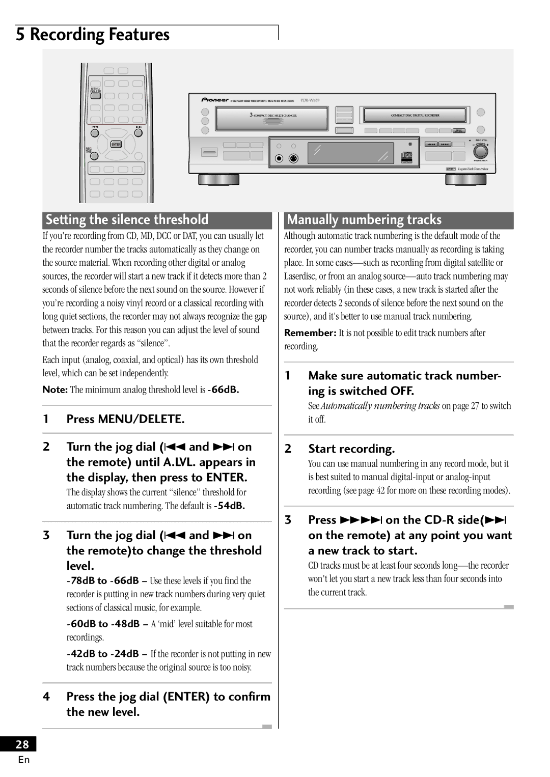 Pioneer PDR-W839 manual Setting the silence threshold, Manually numbering tracks, Start recording 