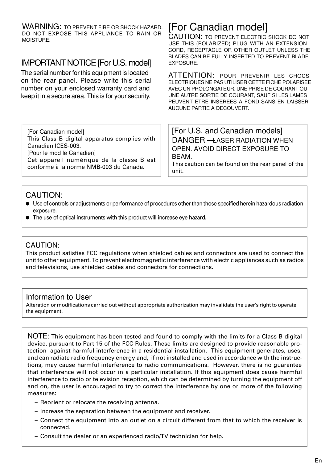 Pioneer PDR-W839 manual For U.S. and Canadian models, Information to User 