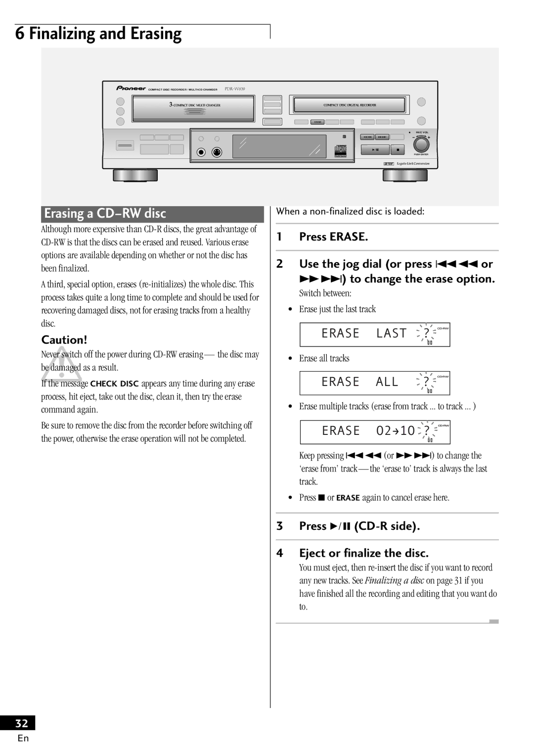 Pioneer PDR-W839 Finalizing and Erasing, Erasing a Cdðrw disc, Erase Last ? CD-RW, Erase ALL ? CD-RW, Erase O2Ð1O ? CD-RW 