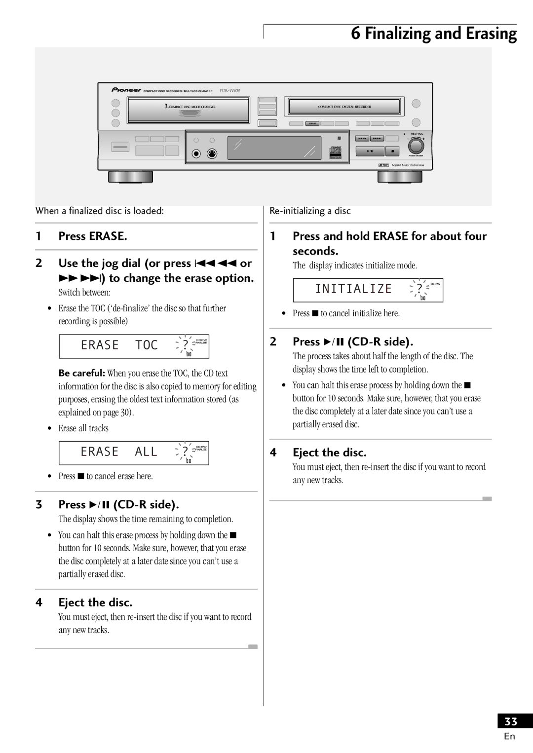 Pioneer PDR-W839 manual Erase TOC ?, Erase ALL ?, Initialize ? CD-RW 