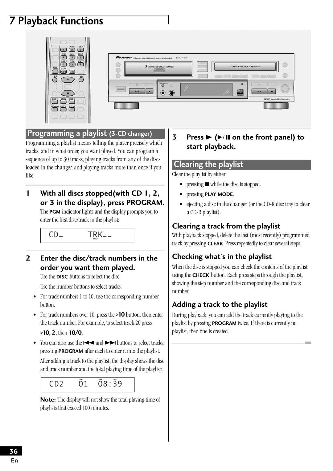 Pioneer PDR-W839 manual Playback Functions, Clearing the playlist, CDÐ Trkpgm ÐÐ 