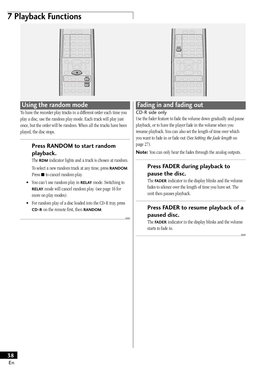 Pioneer PDR-W839 manual Using the random mode, Fading in and fading out, Press Random to start random playback 