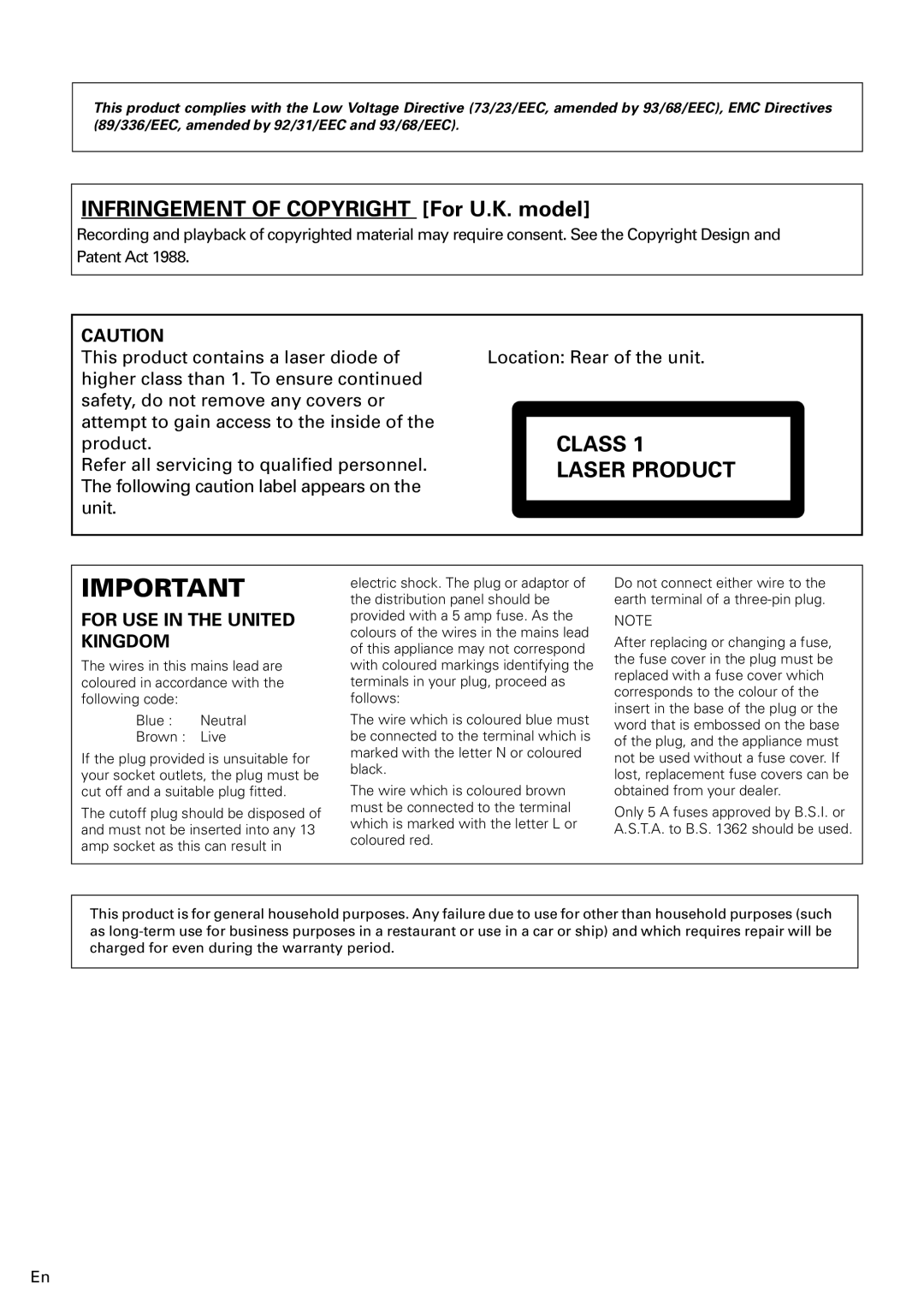 Pioneer PDR-W839 manual Infringement of Copyright For U.K. model, Class Laser Product 