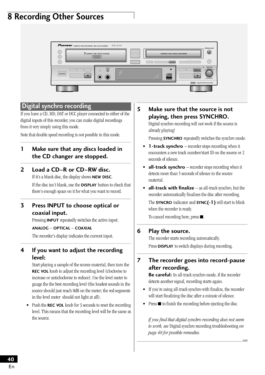 Pioneer PDR-W839 manual Recording Other Sources, Digital synchro recording 