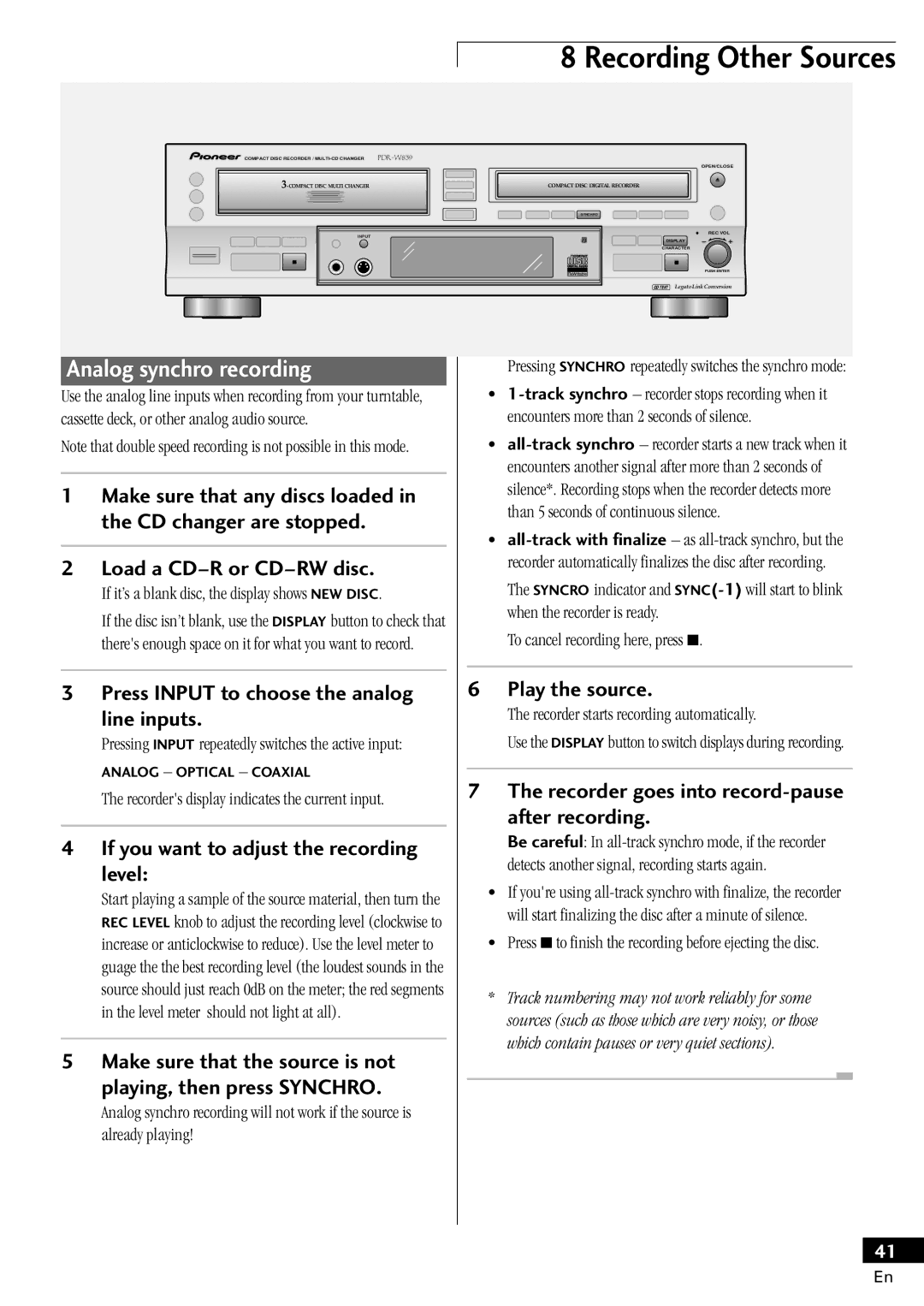 Pioneer PDR-W839 manual Analog synchro recording, Press Input to choose the analog Line inputs 