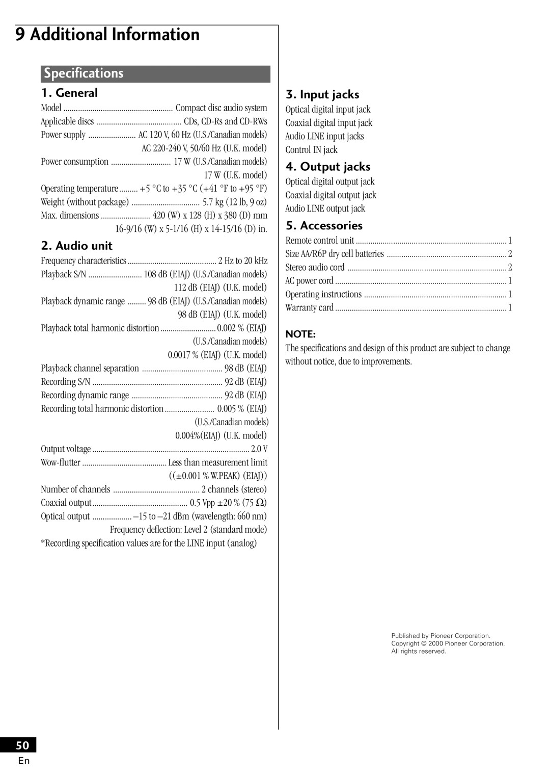 Pioneer PDR-W839 manual Specifications 