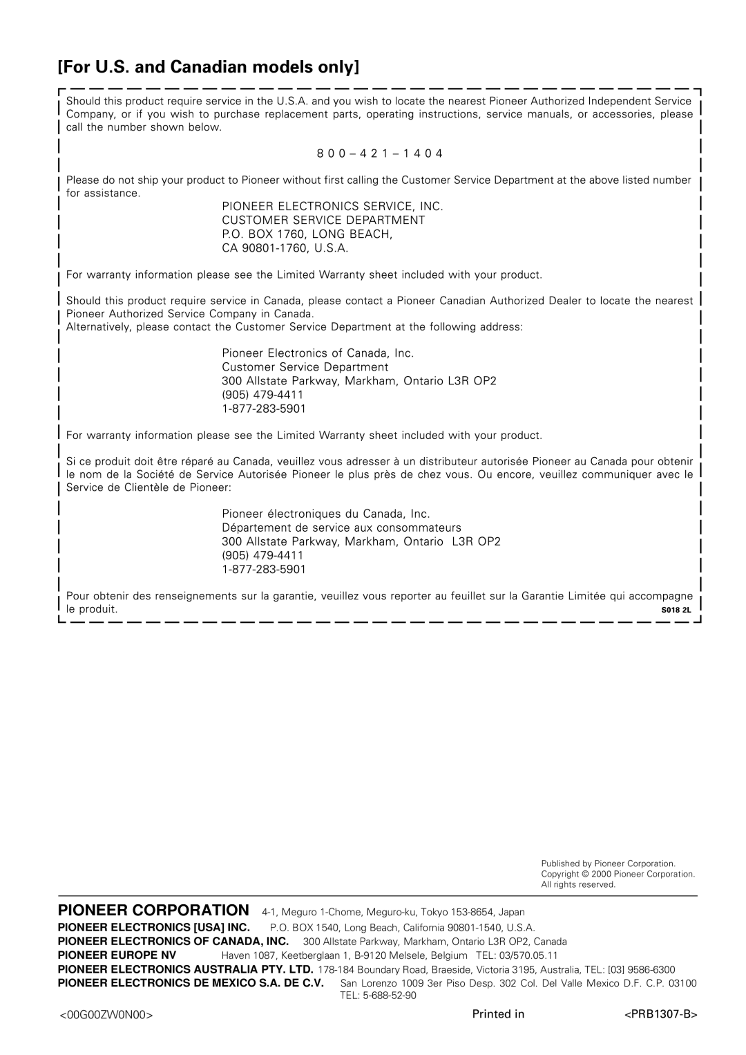 Pioneer PDR-W839 manual For U.S. and Canadian models only 