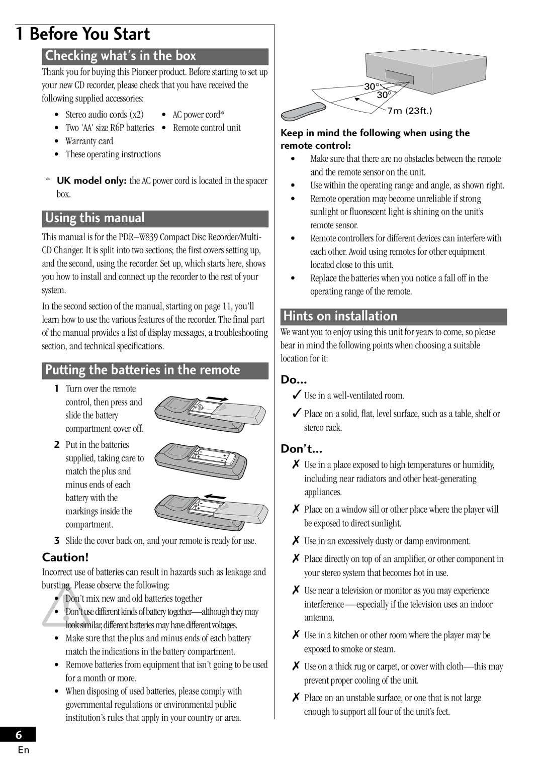 Pioneer PDR-W839 Before You Start, Checking whats in the box, Using this manual, Hints on installation, DonÕt 