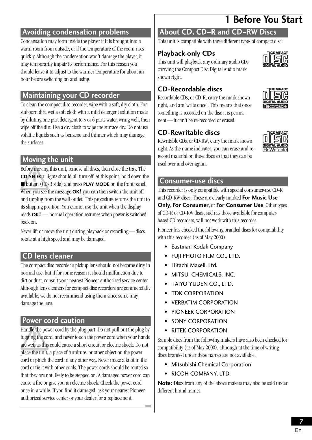 Pioneer PDR-W839 Maintaining your CD recorder, Moving the unit, CD lens cleaner, Power cord caution, Consumer-use discs 