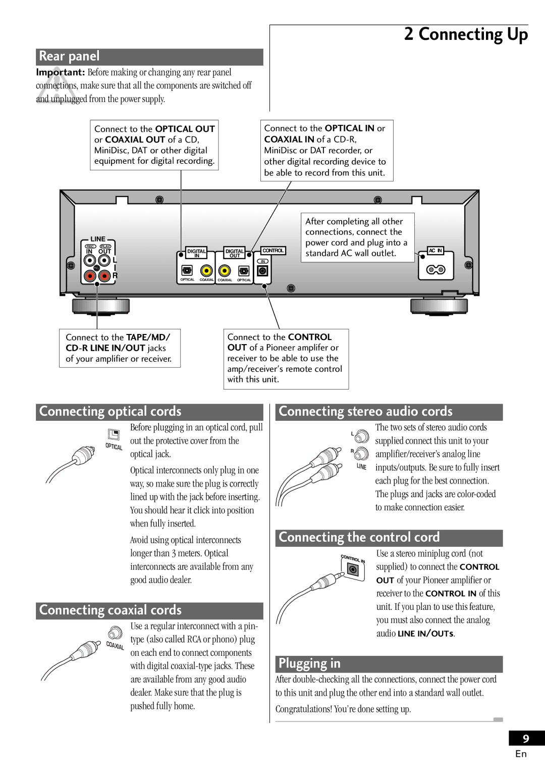 Pioneer PDR-W839 Rear panel, Connecting optical cords, Connecting coaxial cords, Connecting stereo audio cords, Plugging 